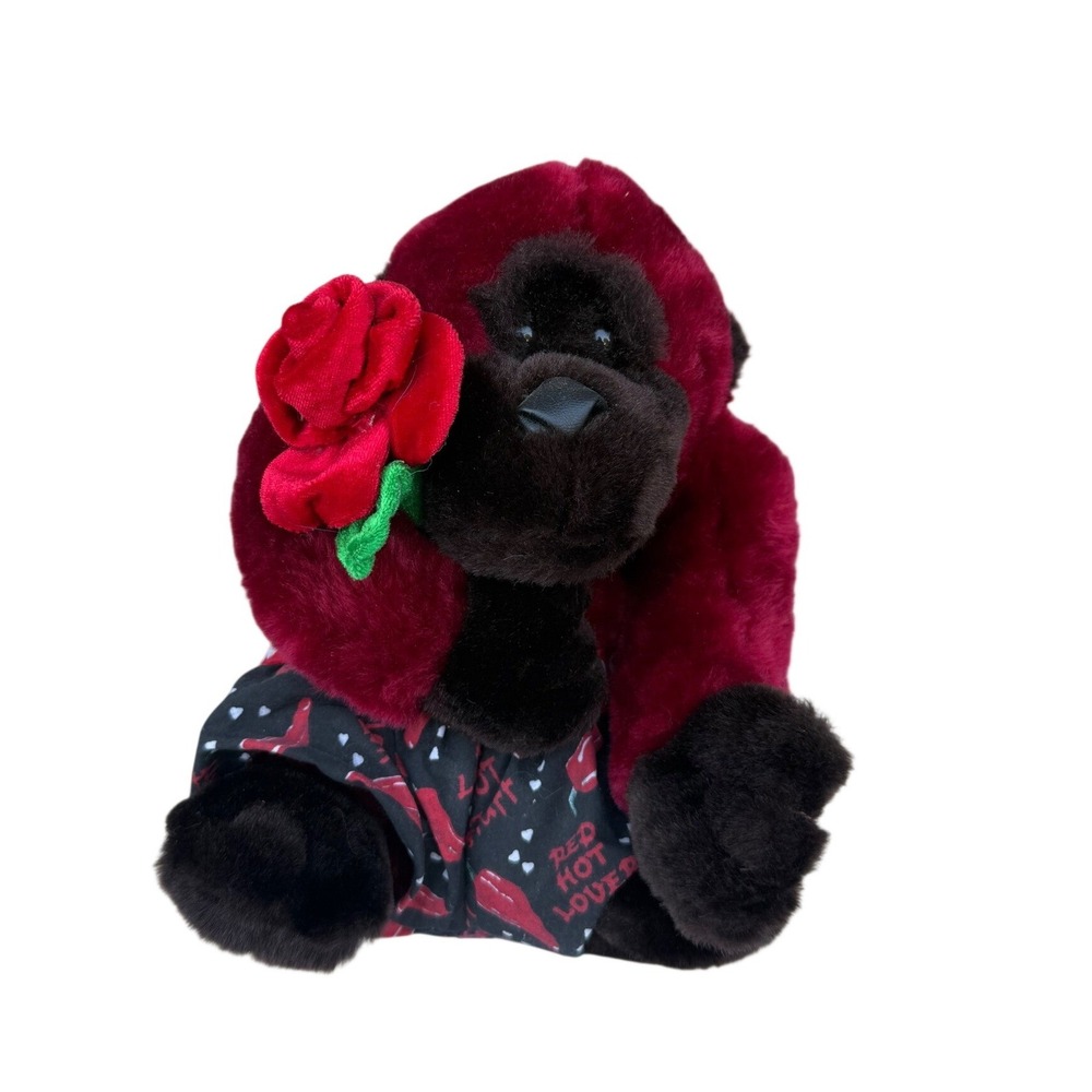 Red Hot Lover Wild Thing Gorilla Plush Burgundy Brown Holding Rose Boxers 10in